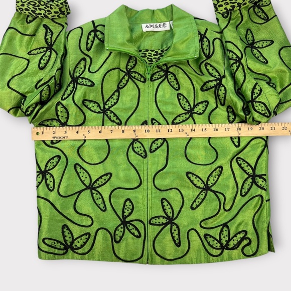 VINTAGE 90s Anage 100% Silk Women Jacket Blazer Embroider Green Christmas SMALL - Picture 12 of 16